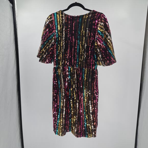 NWT New York & Company Dress S Full Sequin Surplice Flutter Sleeve Party Rainbow - Picture 7 of 9